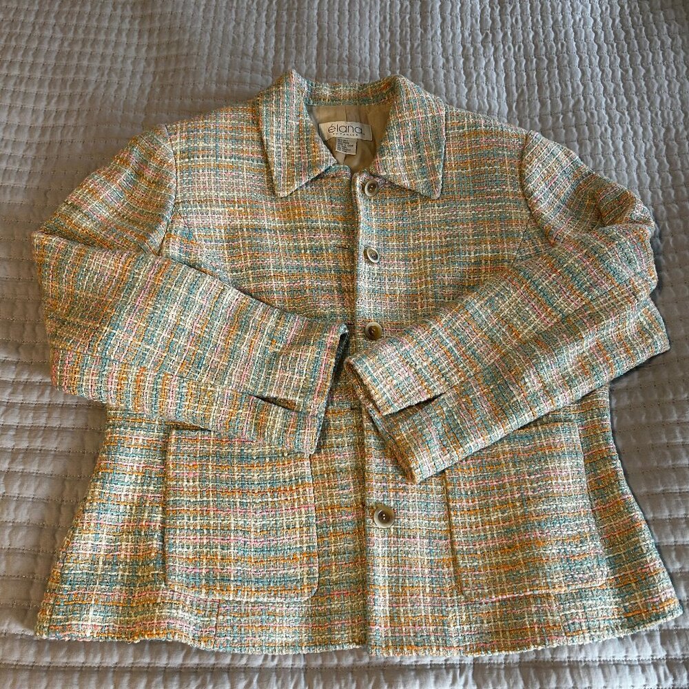 Élana by Tanner Beige Plaid Silk Rayon Blazer Jacket Women’s 12 Career Classic
